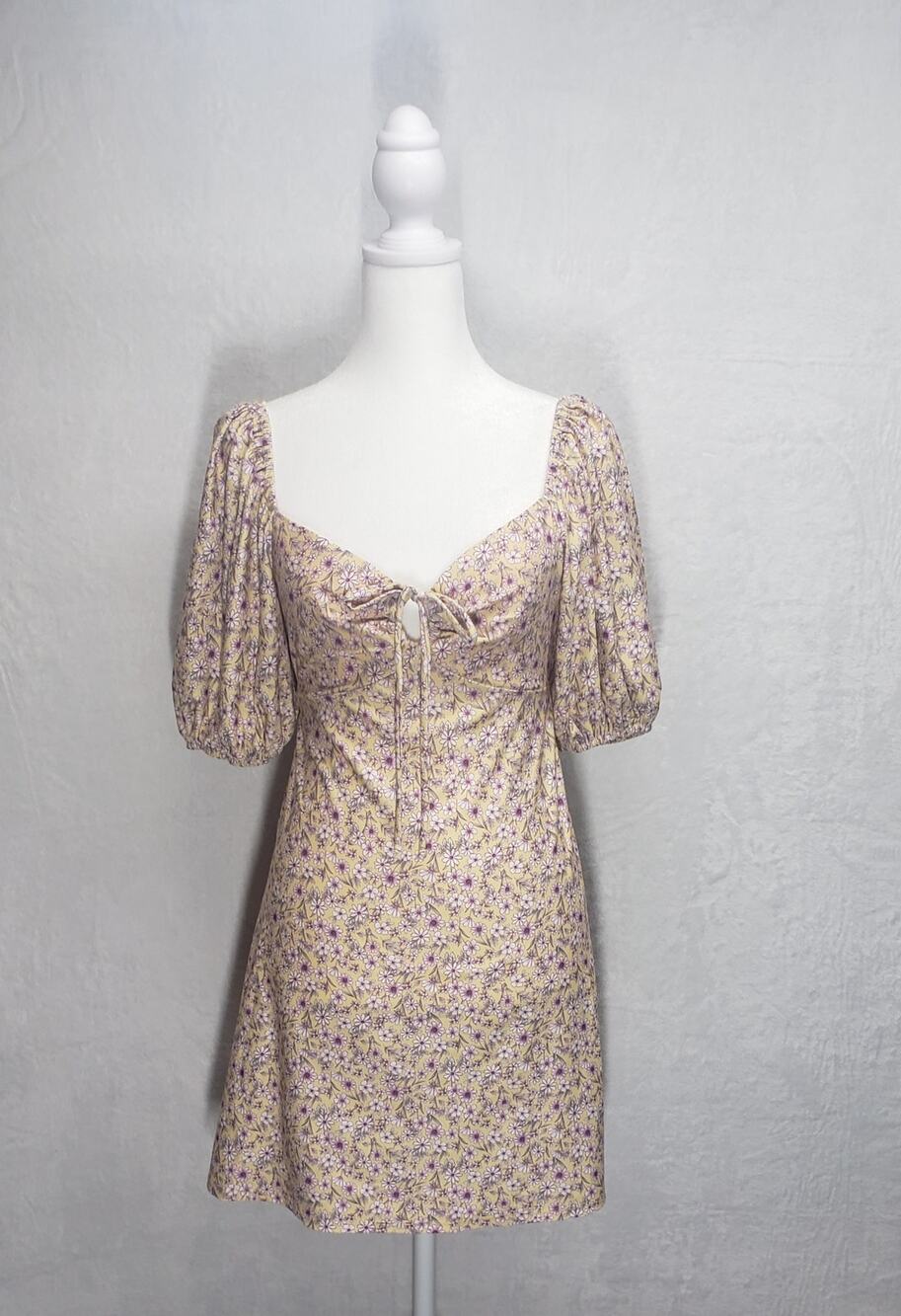 Bebop Yellow Floral Babydoll Dress Small Puff Sleeve Romantic Summer Cottagecore